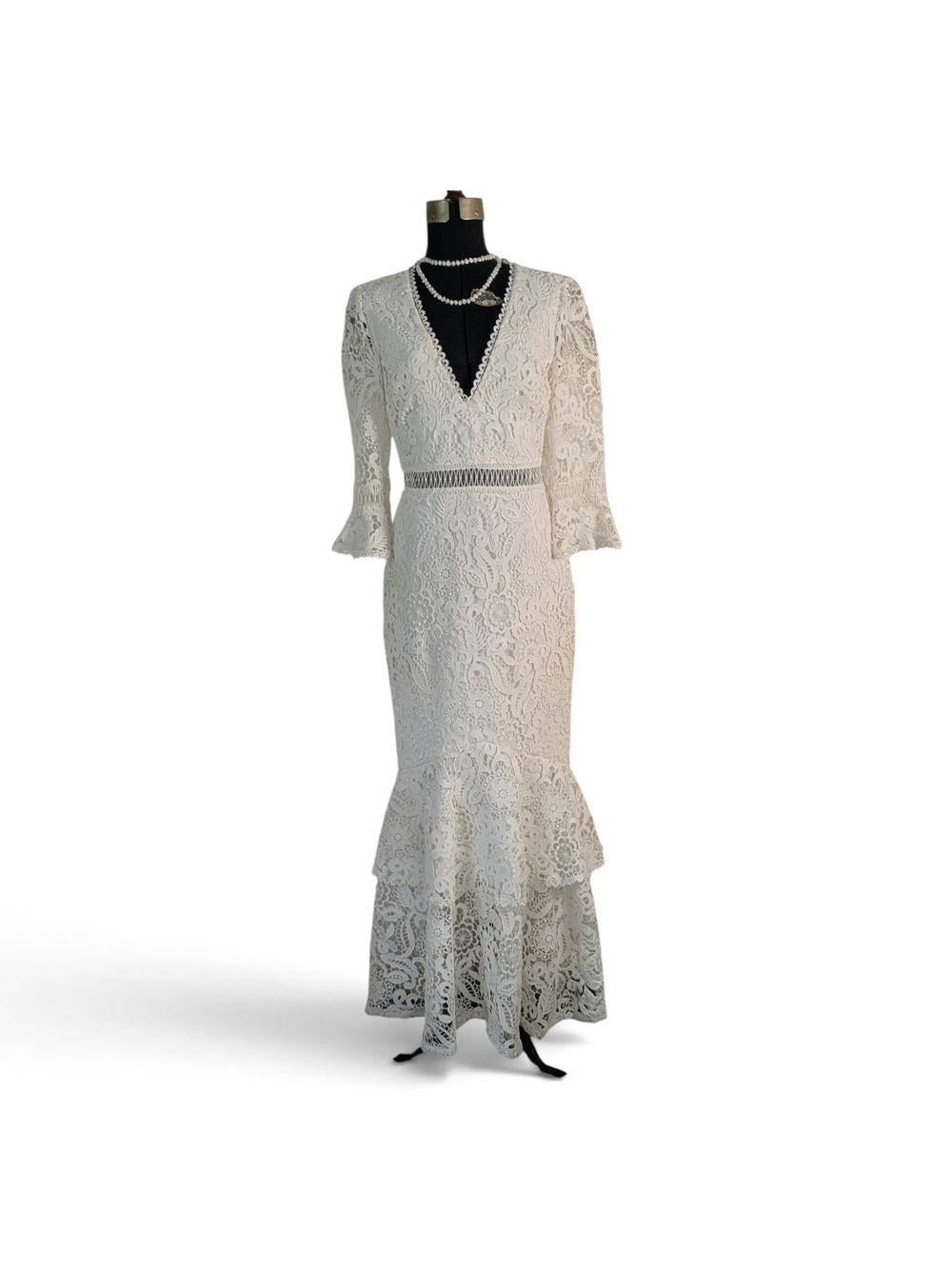 Monique Lhuillier White Ivory Lace V-Neck Maxi Dress Wedding, Anniversary